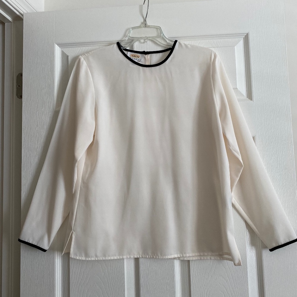 Cream dressy blouse with black velvet trim